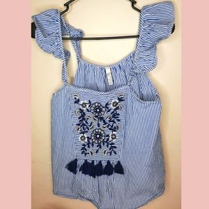 Zara Trf Women's Blue Small Stripe Floral Top NWOT